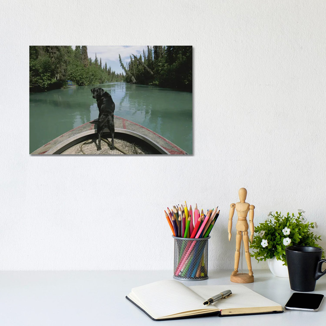 A Black Labrador Dog Travels Up The Kenai River On A Boat's Bow I von Joel Sartore - Gallery-Wrapped Canvas Giclée on Ca...