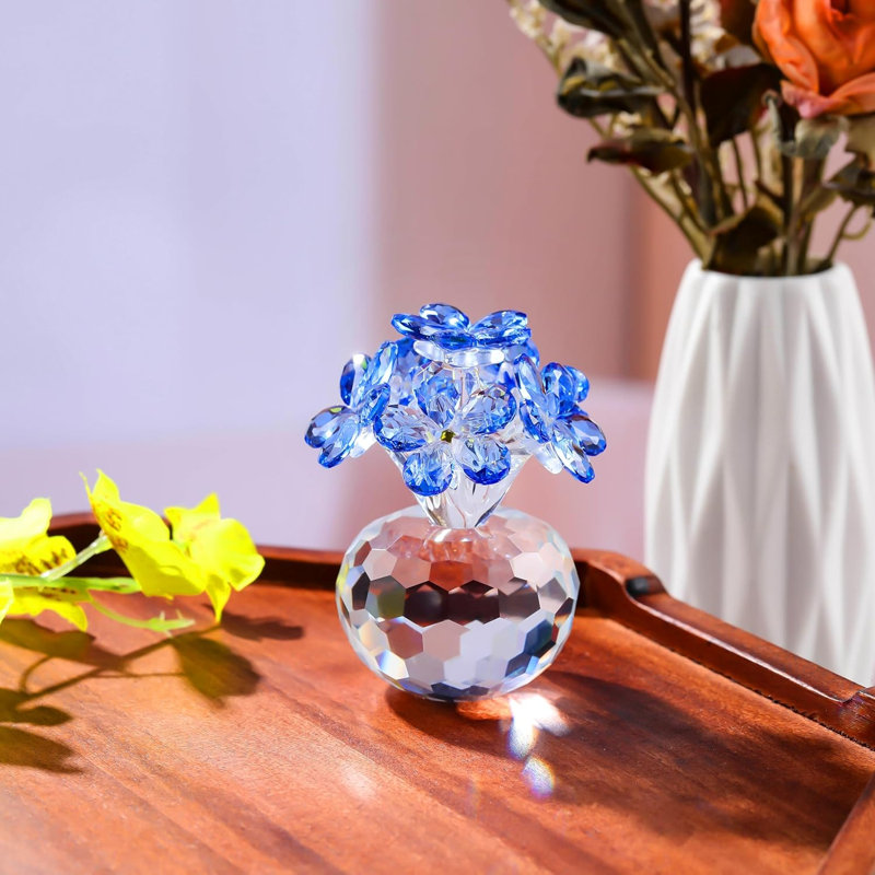 Figurine de bouquet de myosotis en cristal avec base ronde à facettes, Bleu