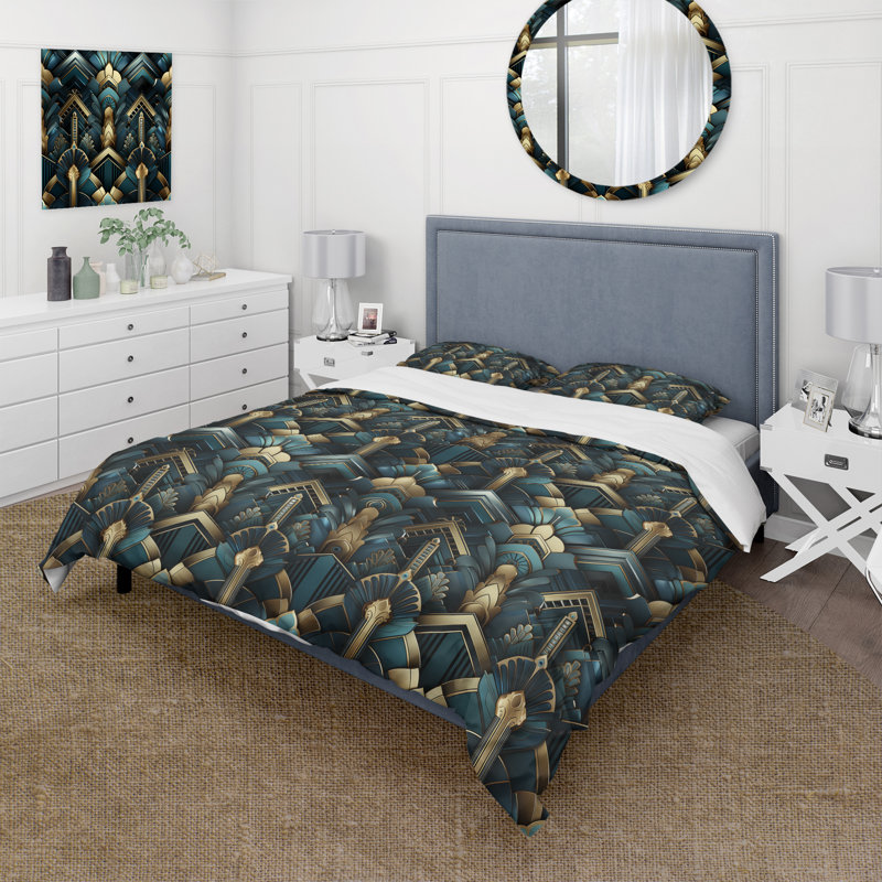 Ensemble de housse de couette Teal And Gold Art Deco Geometric Glamour - Damask