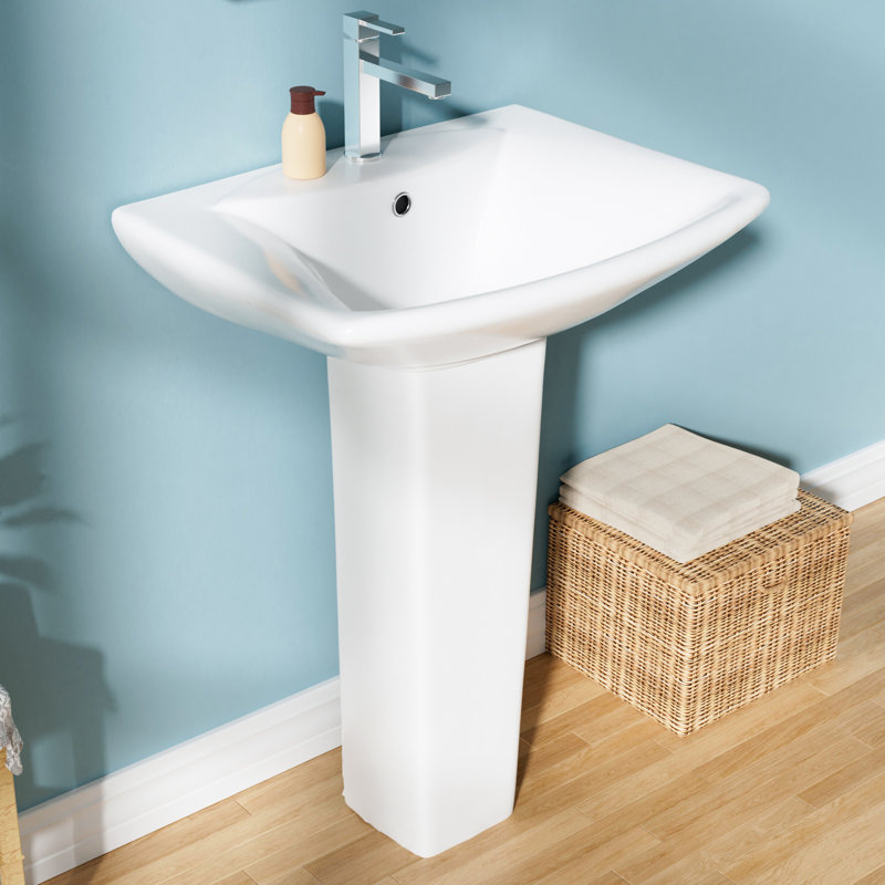 24" W x 19" D Bathroom Pedestal Sink Rectangular Vitreous China, 1 Faucet Hole & Overflow, White, Glossy White