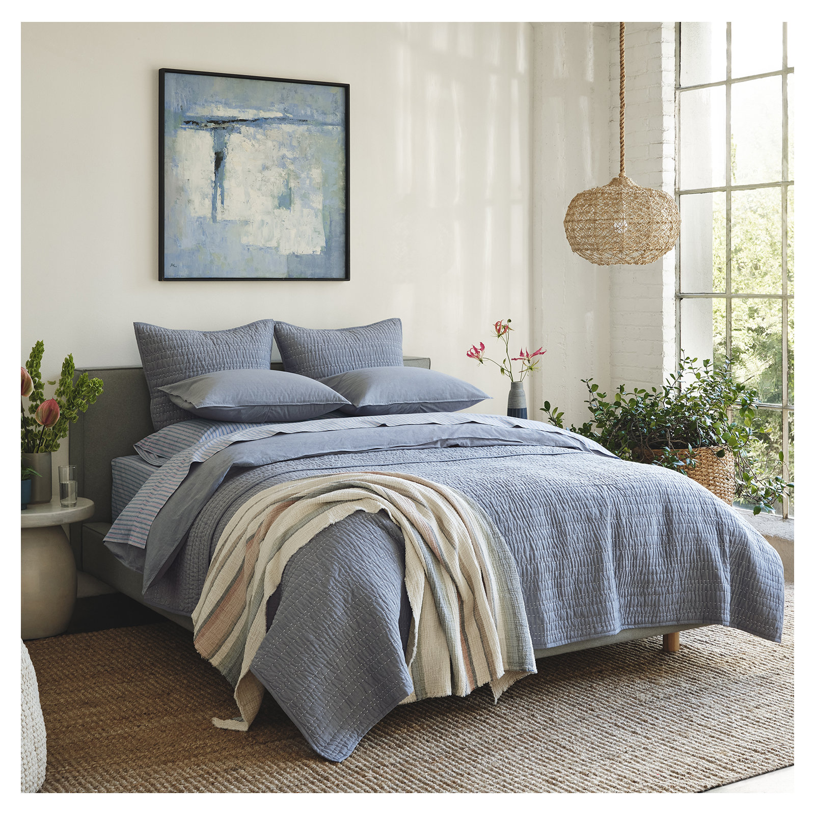Channel Handstitched Organic Organic Percale Quilt, Twin Quilt, Indigo Chambray