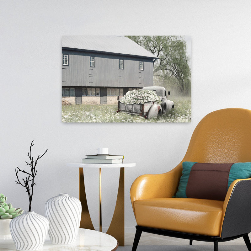 Grange Daze, art abstrait rétro contemporain, paysage de fleurs, H 24 po x l 16 po