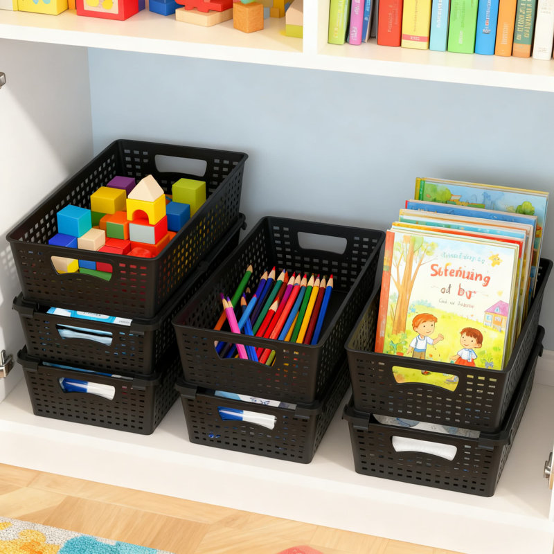 Stackable Plastic Woven Storage Baskets Organizer, 6-Pack With Handles For Home Organization, Durable And Easy To Clean