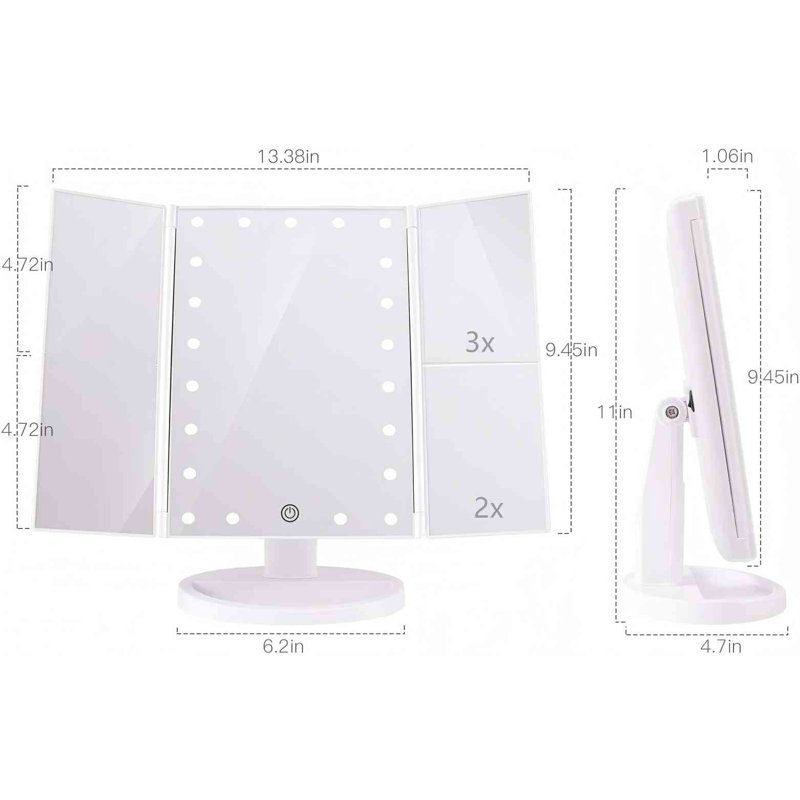 3 Folds Lighted Vanity Makeup Mirror,1X/2X/3X Magnification, 21 LED Light Bright Table Mirror With Touch Screen,180 Adjustable Rotation,White