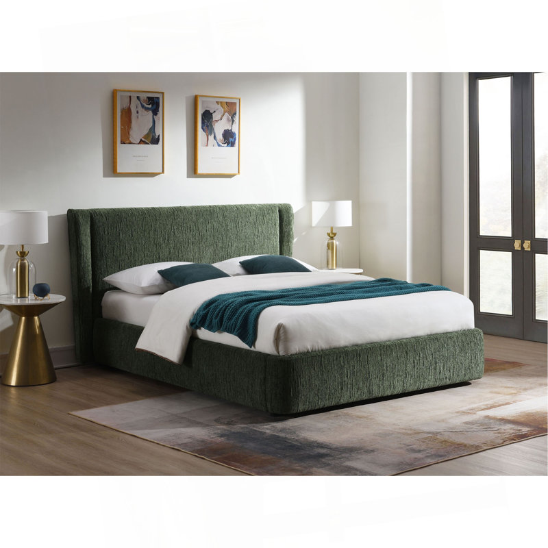 Lit en chenille vert foncé Cheryl (aucun outil requis pour l'assemblage), Grand lit