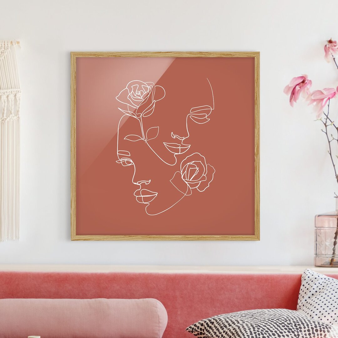 Gerahmtes Poster Line Art Faces Women Roses Copper