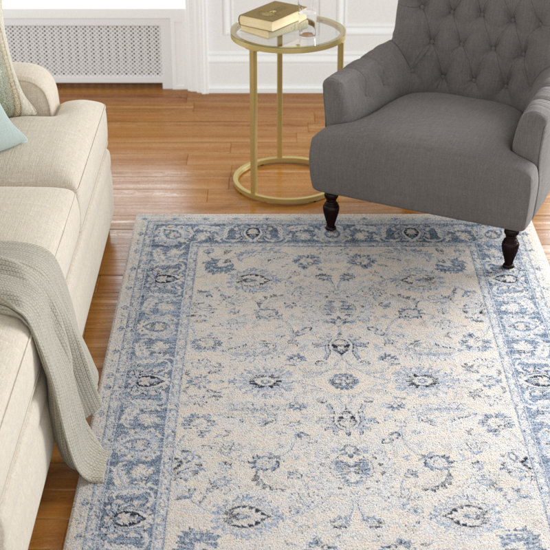Tapis oriental ivoire / bleu Bourque, Rectangle 8 pi 11 po x 12 pi
