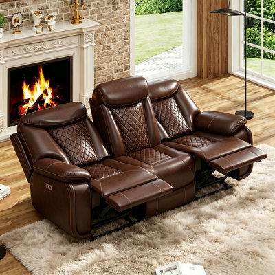 Saneela 84.6'' Wide Breathable Leather Pillow Top Arm Power Reclining Sofa with Diamond Stitching
