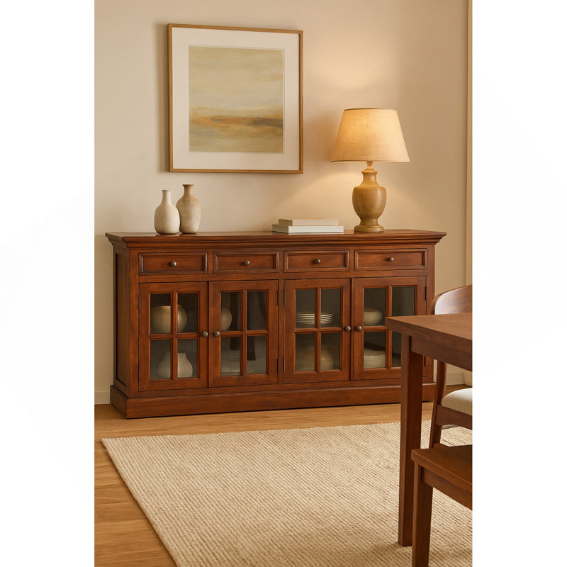 Buffet en bois de cerisier émaillé, 4 tiroirs, 4 tablettes avec 2 portes, finition châtaignier, brun