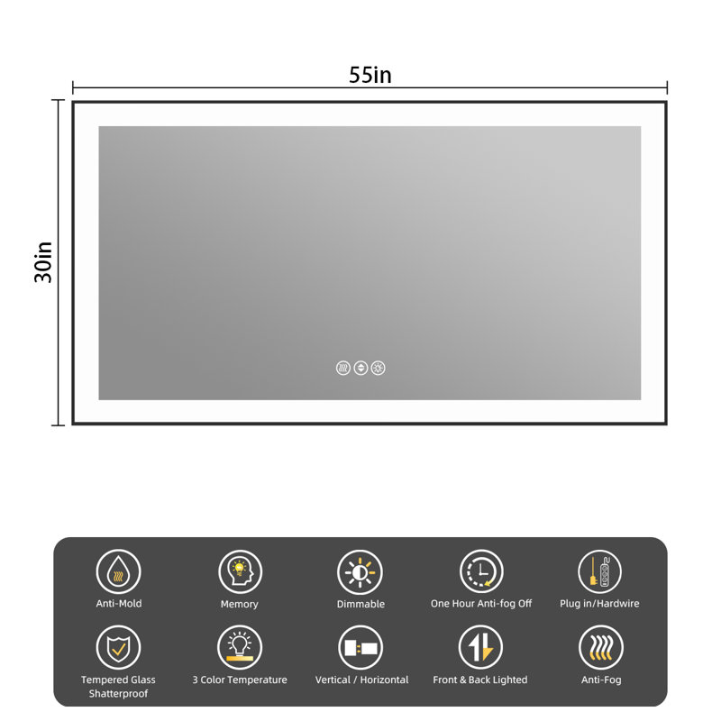 Miroir de salle de bain Lunara, 55 po x 30 po