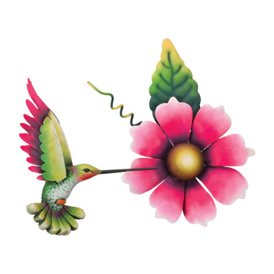 8.5 Inch Hummingbird Flower Metal Indoor Outdoor Wall Decor
