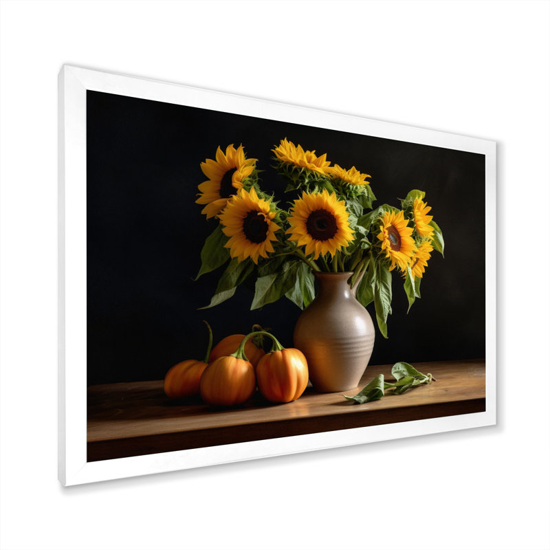 «Golden Sunflower Still Life I», reproduction sur toile, H 16 po x l 32 po x P 1 po, Cadre photo blanc