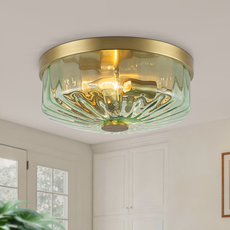 Bora Modern  Flush Mount Ceiling Light With Clear And Green Textured Glass Shade, Green