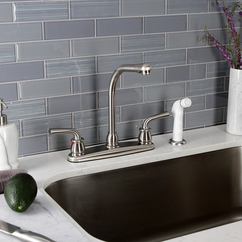 Kingston Brass Restoration Two-Handle 8" Centerset Kitchen Faucet, With Side Spray, Brushed Nickel/White