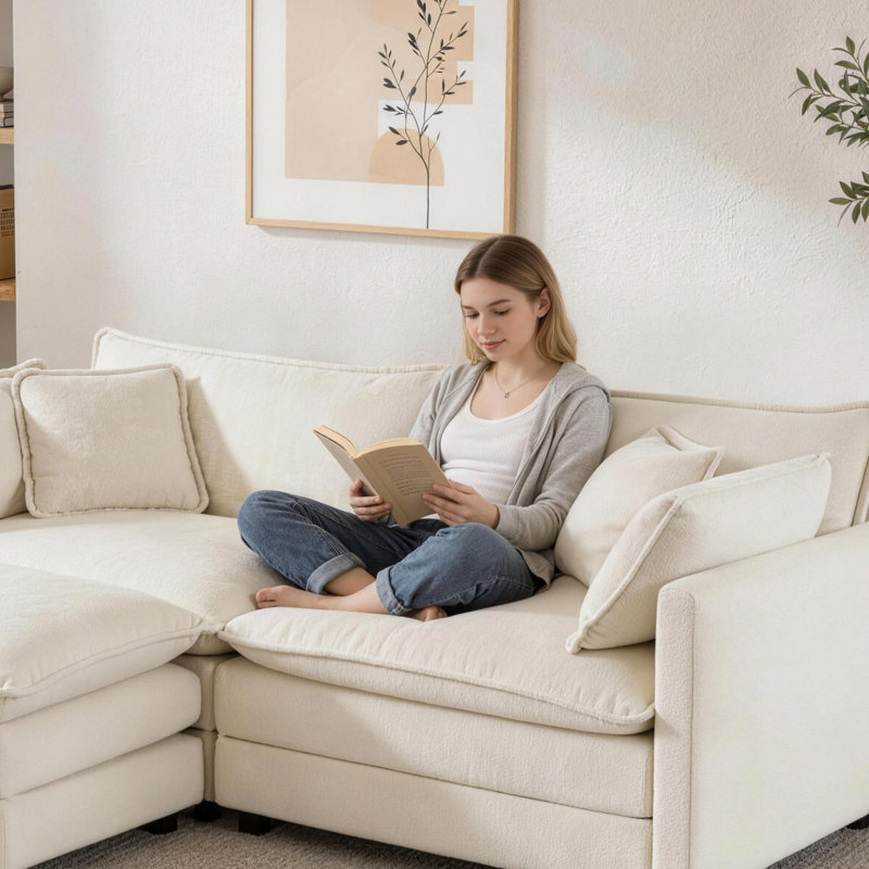 Canapé modulaire 70 po en L chenille 70 po avec repose-pieds pour petits espaces, Chenille beige