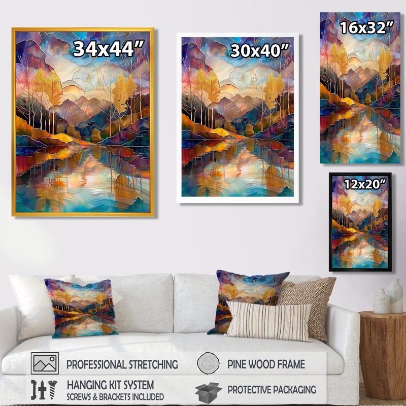 Serene Autumn Forest River - paysage abstrait, art mural, Toile tendue, H 32 po x l 16 po