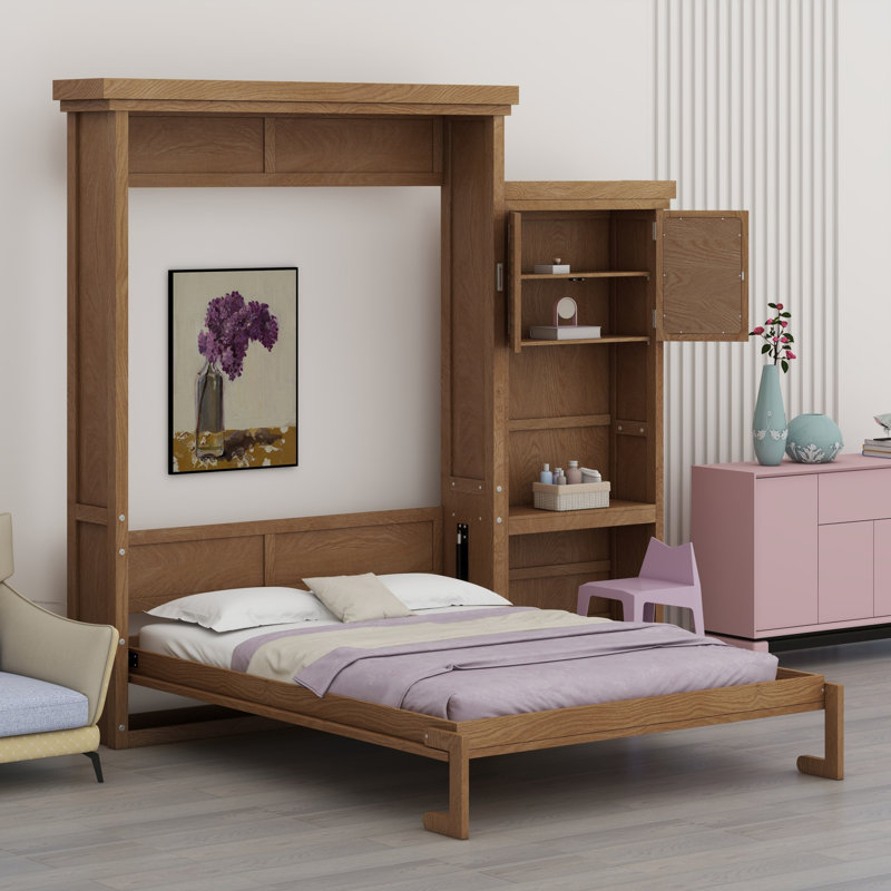 Lit escamotable avec plusieurs tablettes de rangement et décoration à persiennes, Bois
