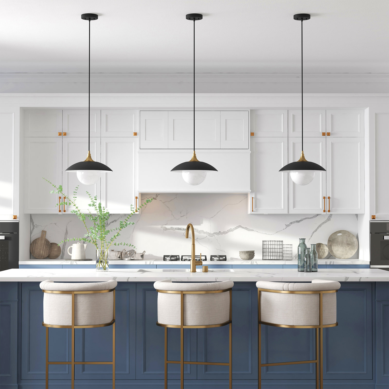 Morine Single Light Glass Pendant, Matte Black/Brass, White