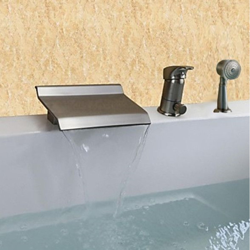 Robinet de baignoire Juno Mono Waterfall avec douchette en nickel brossé