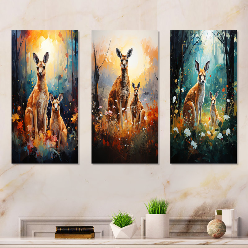 Adorable fleur de kangourou, oasis - ensemble de 3 reproductions d'art en métal kangourou, H 32 po x l 48 po