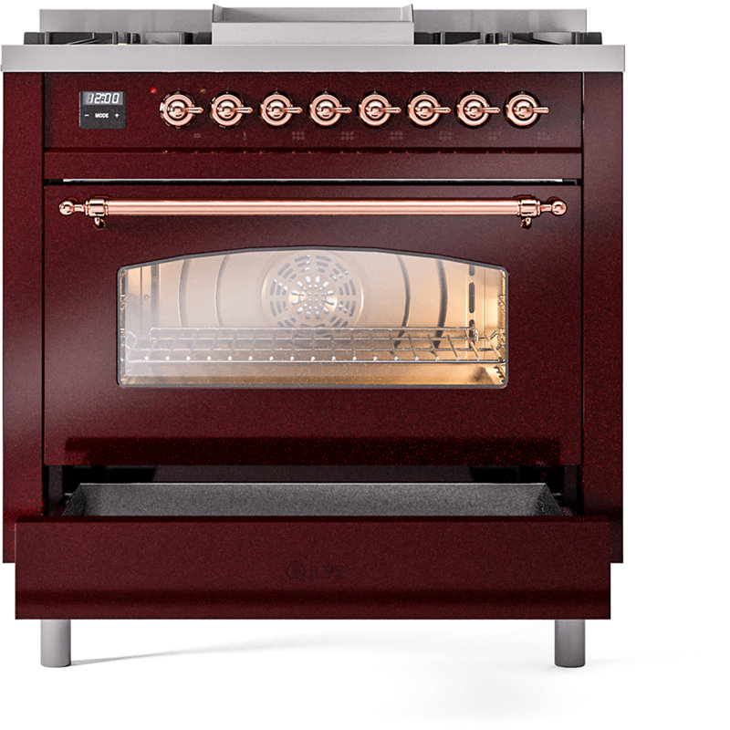 ILVE Nostalgie II 36 Dual Fuel Range, knobs, Burgundy/Copper, Liquid Propane