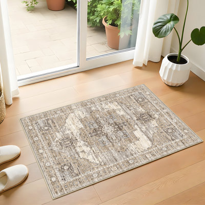 Washable Rugs - Large Boho Rugs for Living Room Stain Resistant Carpet Vintage Tribal Rugs for Bedroom Kitchen Bathroom Non Slip Backing Home Decor Floor Decoration Mat Beige