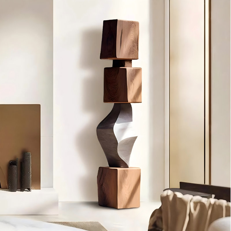 Pièce décorative en bois de 19,69 po - sculpture brune sur pied - sculpture abstraite