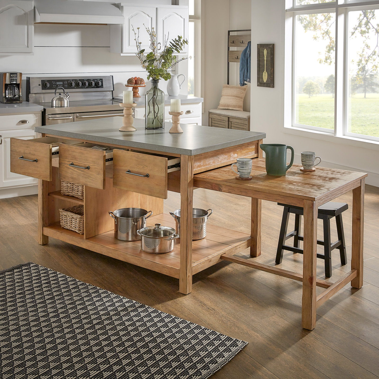 Tinka 3-Drawer Rectangle Pine Kitchen Island , Concrete Veneer, Natural