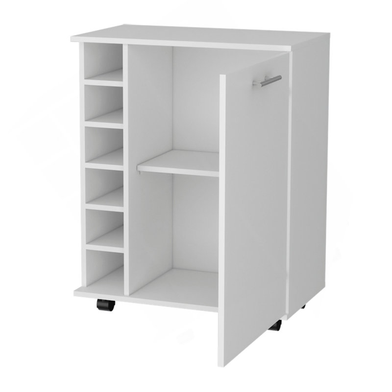 Chariot-bar Rawlins avec support pour 6 bouteilles, cabine de rangement et roulettes mobiles, Blanc