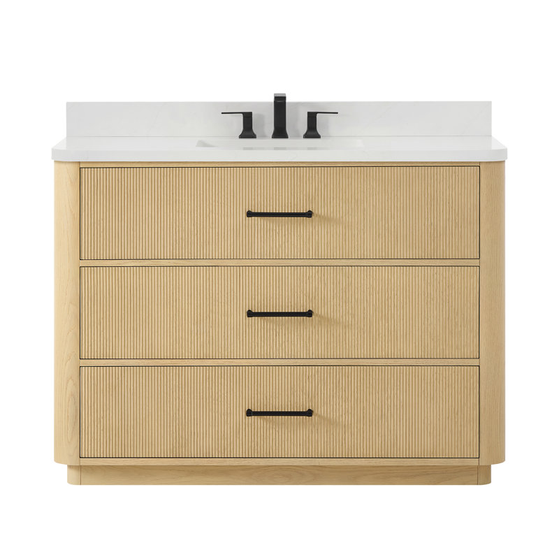 Meuble-lavabo simple Francesca de 122 cm (48 po) en chêne scandinave, comptoir arrondi en quartz Giotto, lavabo carré encastré (3 trous), garniture noire mate
