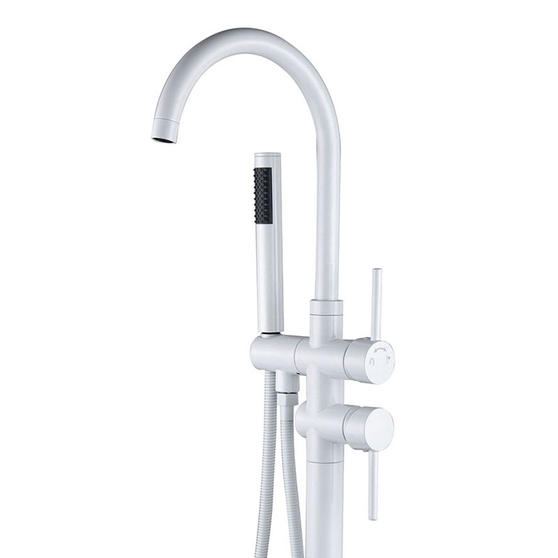 Garniture de robinet de baignoire autoportante fixée au sol avec pomme de douche à main, Blanc