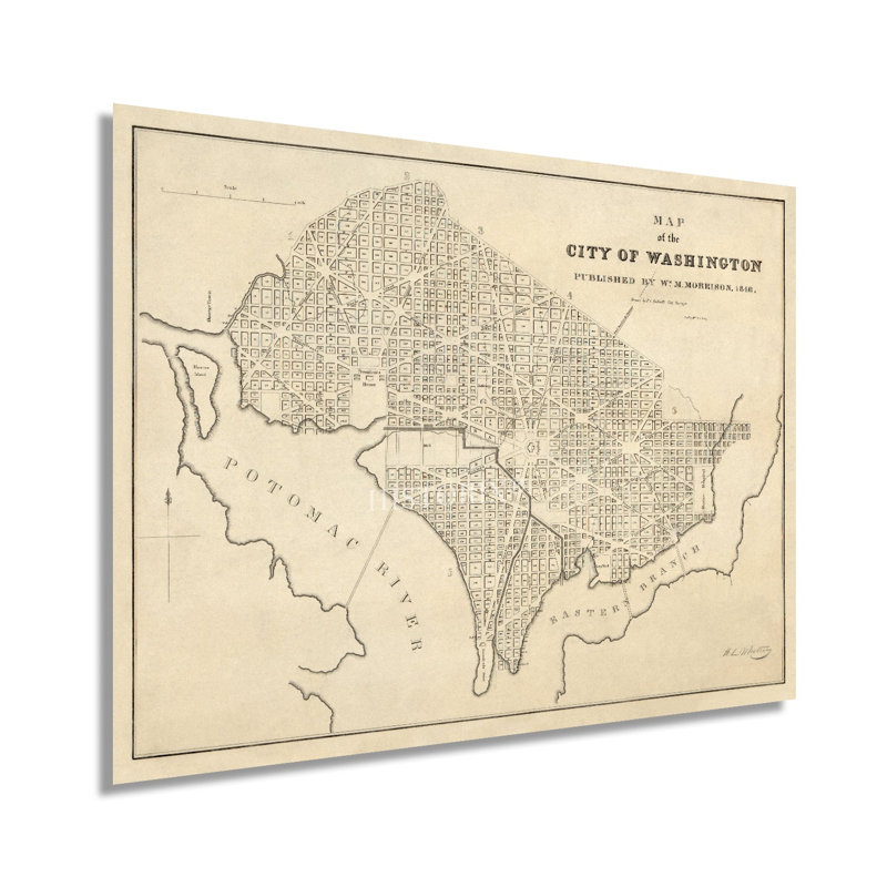 Carte de Washington en 1840 sur papier, H 18 po x l 24 po
