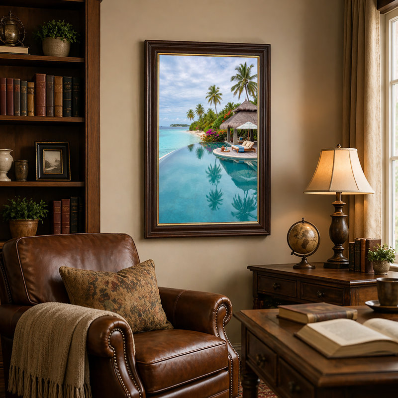 Art mural sur toile turquoise avec piscine au toit de chaume et palmiers, 24"H x 16"W