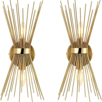 2-Light Gold Starburst Wall Sconce, Mid-Century Modern Sunburst Wall Lamp, Vertical & Horizontal Mount Vanity Light Fixture for Bathroom, Bedroom, Hallway & Powder Room