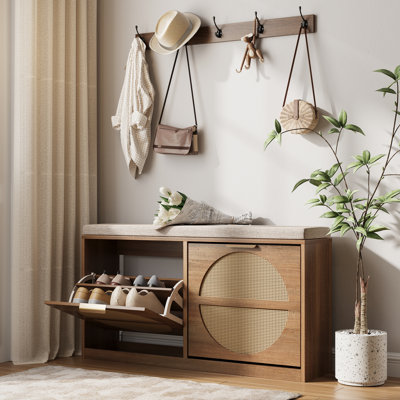 Rattan Entryway Bench With Seat Cushion & Coat Rack
