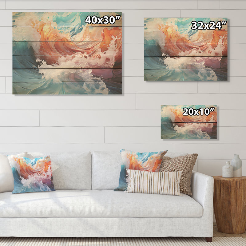 «Beach Waves Fusion I - Coastal Beach», art mural sur bois de pin naturel, H 24 po x l 32 po