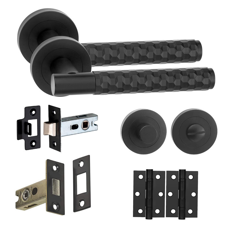 Golden Grace Knurled Hex Cut T-Bar Bathroom Door Handle Set with Dead Bolt Lock and Ball Bearing Hinges