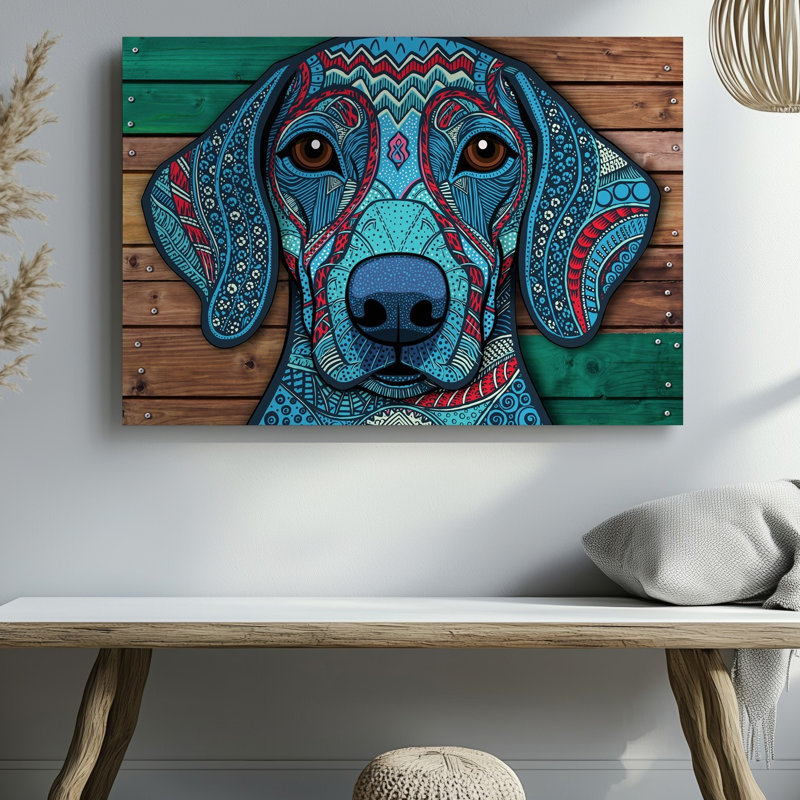 Toile, «A Vibrant Stylized Portrait of a Dog Caractérized By An Wall Art», patchwork complexe de motifs et de textures colorés