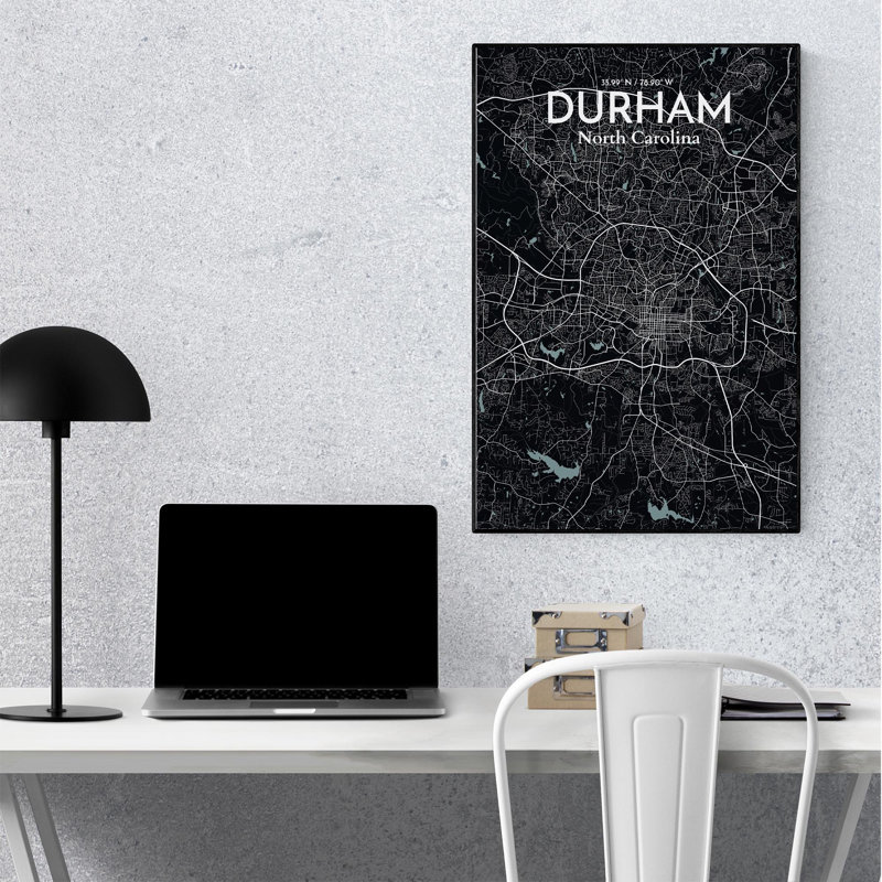 Durham City Map, impression, H 36 po x l 24 po, Gris/noir