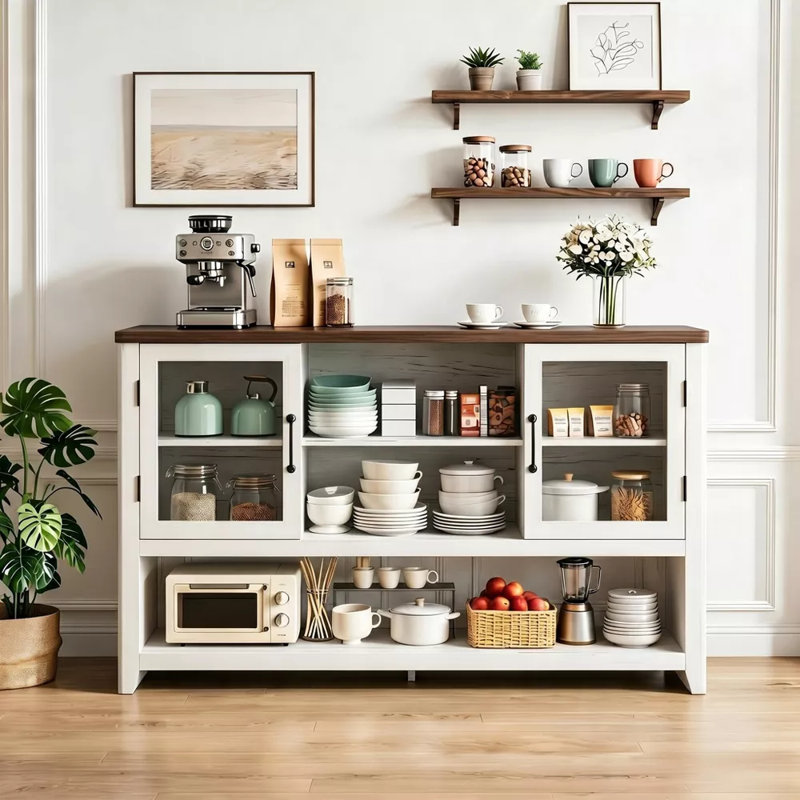 53" Sideboard Buffet Cabinet with 2 Glass Doors, Farmhouse Coffee Table Storage with Open Shelves, for Living Room, Kitchen, Dining, Entryway, White