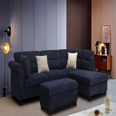 Canapé modulaire en tissu noir l 100 po avec méridienne orientée vers la droite, repose-pieds avec rangement et 2 coussins décoratifs