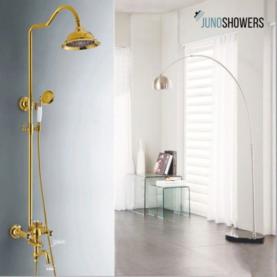 Juno Gold Polished Large Bathroom Shower with Hand-Held Shower