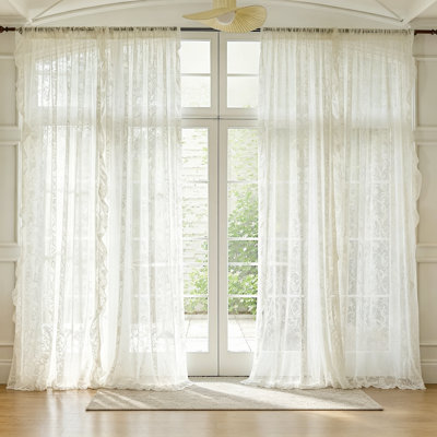 Cream Floral Ruffle Lace Sheer Curtains 59x84 Inch 2 Panels Rod Pocket