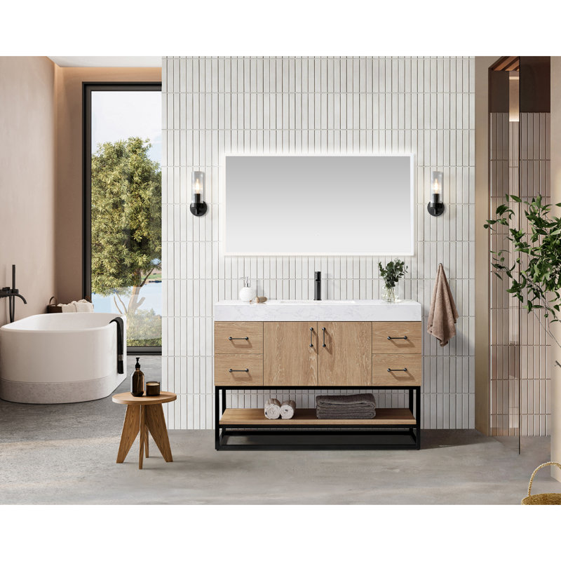 Ensemble de meuble-lavabo simple 48 po avec miroir Alistair, Noir mat, Séquoia, Gris