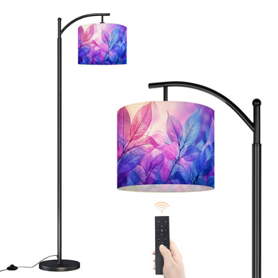 Lampe sur pied arquée avec abat-jour translucide en forme de feuilles colorées (violet et rose), 160 cm de hauteur, style moderne, DEL, abat-jour cylindrique en lin, 3 températures de couleur, télécommande et interrupteur au pied, idéal pour le salon, la chambre ou un coin lecture.