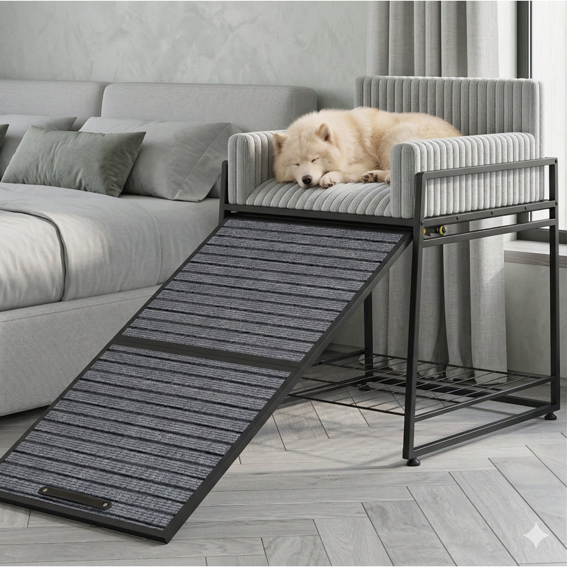 Rampe pliante pour animaux avec siège et rangement intégrés, pouvant servir de perchoir de fenêtre, de chaise de lit superposé ou de coussin de canapé, comprend des marches d'accès, convient au lit, au canapé et au bureau, supporte jusqu'à 110 lb