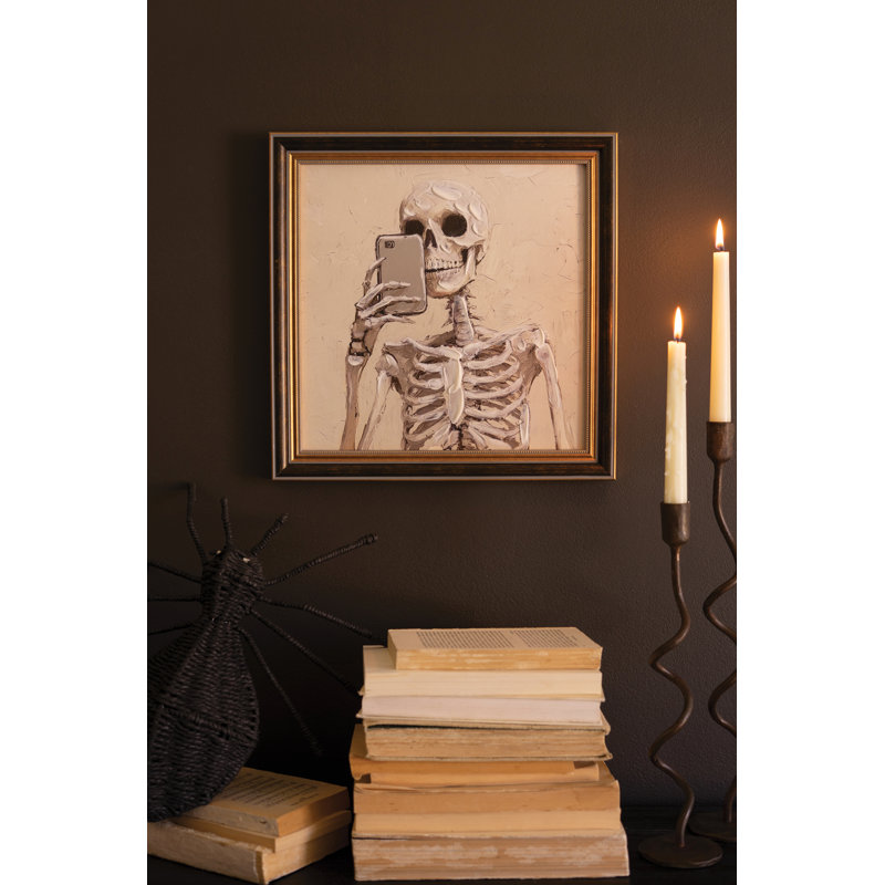  Squelette d'Halloween avec impression encadrée en bois et téléphone portable pour décoration intérieure
