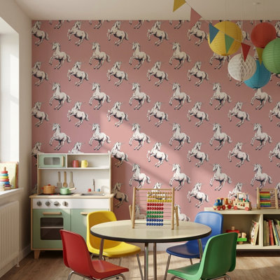 Papier peint licorne amovible rétro rose