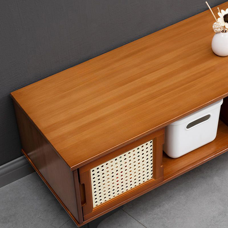 Meuble télé en bambou 2 portes avec porte coulissante, console de rangement moderne, Nature
