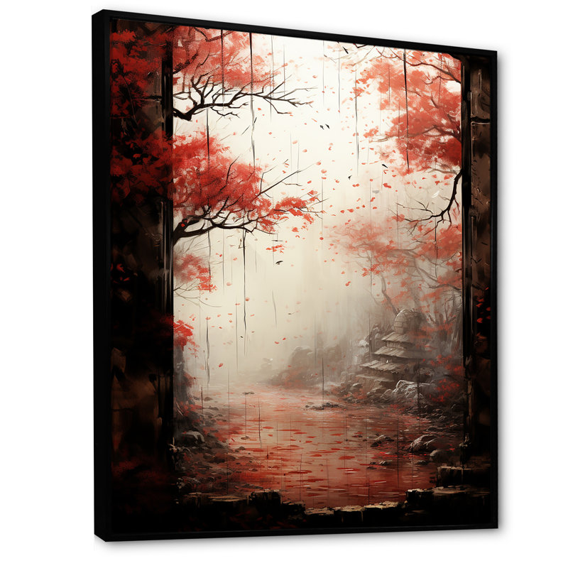 «Red Gothic Japon Forest View 1 - Art mural japonais», Cadre flottant noir, H 32 po x l 24 po x P 1 po